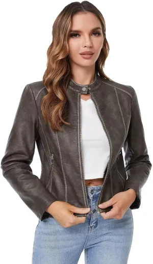 DIASHINY Faux Leather Jacket For Women, Zip Up Moto Biker Coat, Short PU Motorcycle Outwear