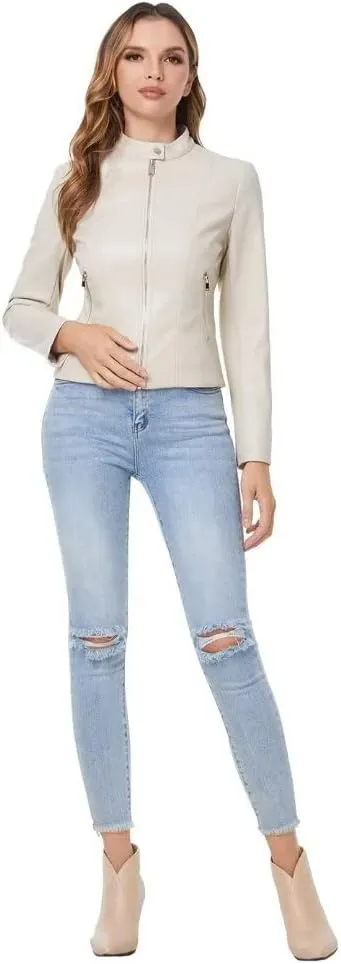 DIASHINY Faux Leather Jacket For Women, Zip Up Moto Biker Coat, Short PU Motorcycle Outwear
