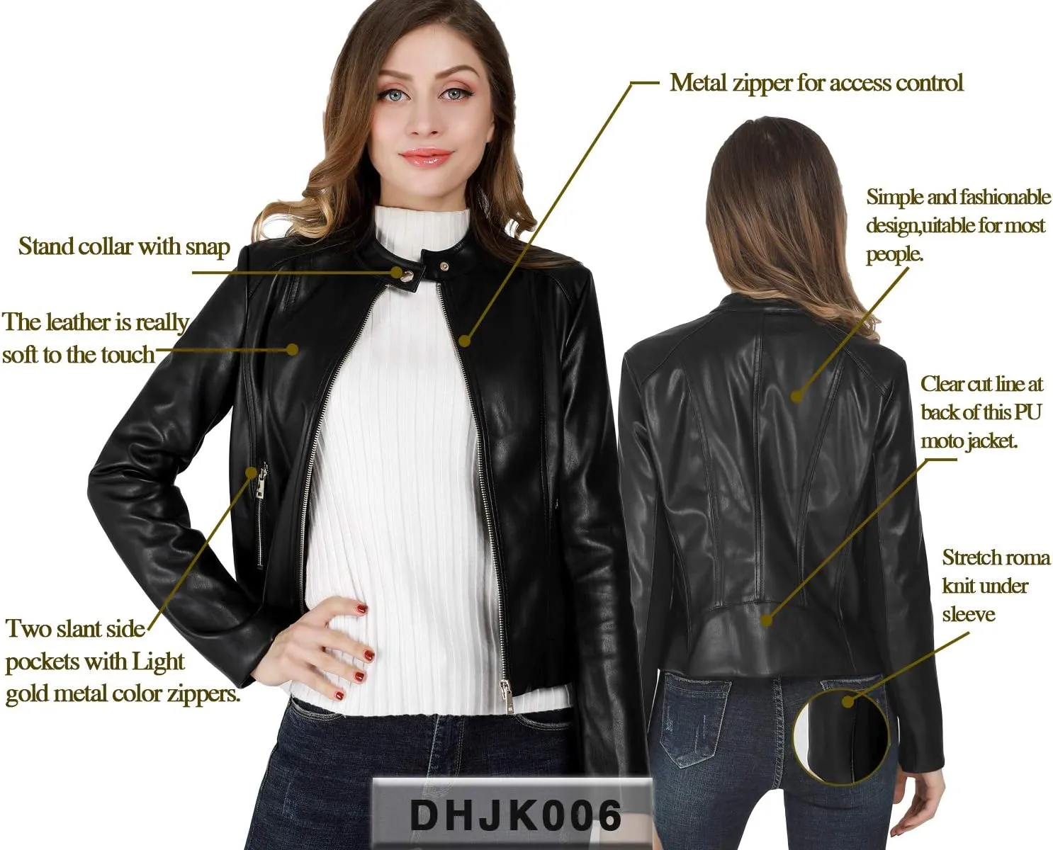 DIASHINY Faux Leather Jacket For Women, Zip Up Moto Biker Coat, Short PU Motorcycle Outwear