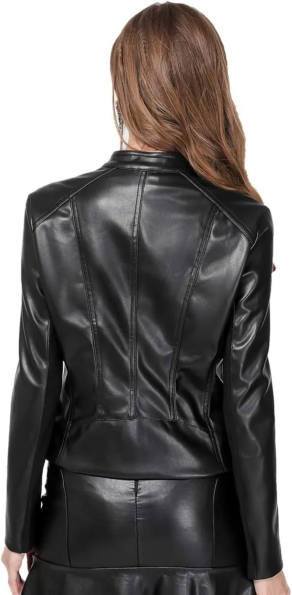 DIASHINY Faux Leather Jacket For Women, Zip Up Moto Biker Coat, Short PU Motorcycle Outwear
