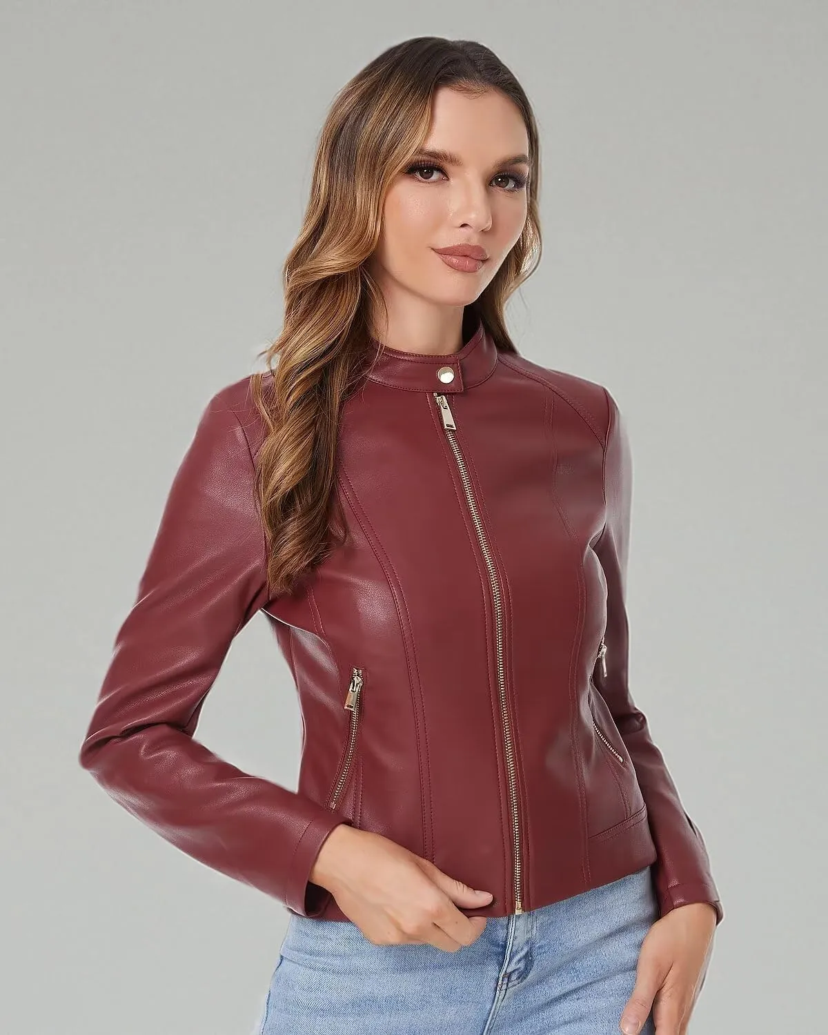 DIASHINY Faux Leather Jacket For Women, Zip Up Moto Biker Coat, Short PU Motorcycle Outwear