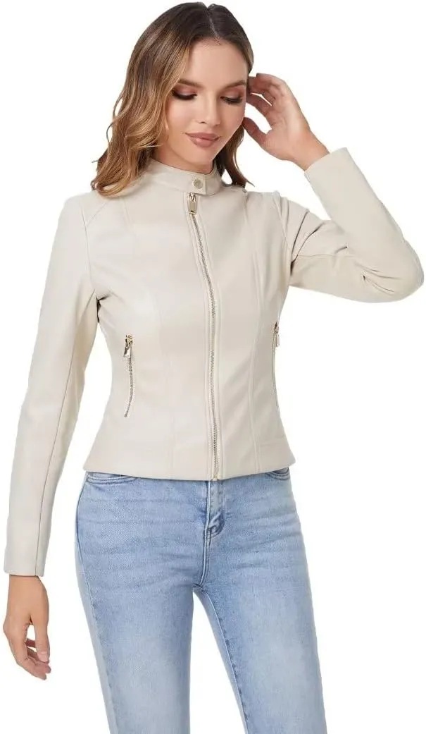 DIASHINY Faux Leather Jacket For Women, Zip Up Moto Biker Coat, Short PU Motorcycle Outwear