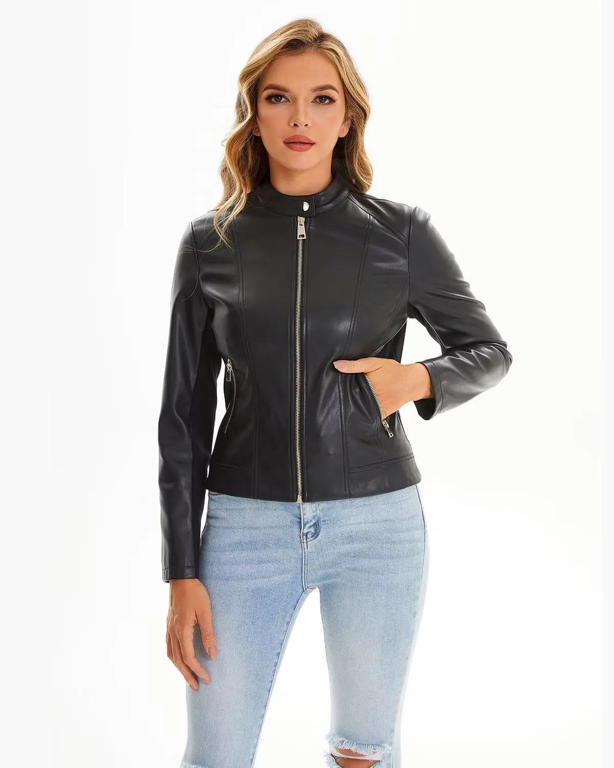 DIASHINY Faux Leather Jacket For Women, Zip Up Moto Biker Coat, Short PU Motorcycle Outwear