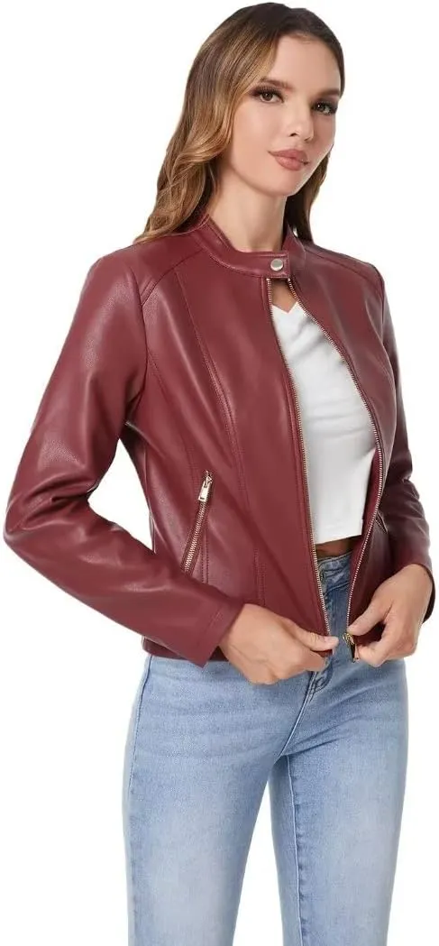 DIASHINY Faux Leather Jacket For Women, Zip Up Moto Biker Coat, Short PU Motorcycle Outwear