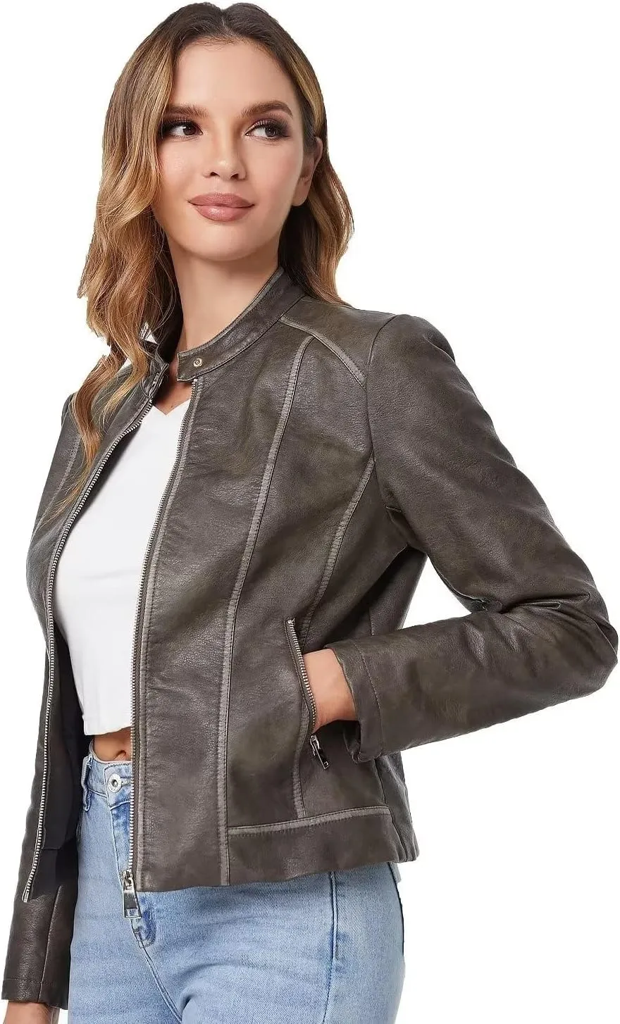 DIASHINY Faux Leather Jacket For Women, Zip Up Moto Biker Coat, Short PU Motorcycle Outwear