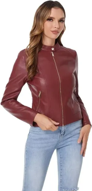 DIASHINY Faux Leather Jacket For Women, Zip Up Moto Biker Coat, Short PU Motorcycle Outwear