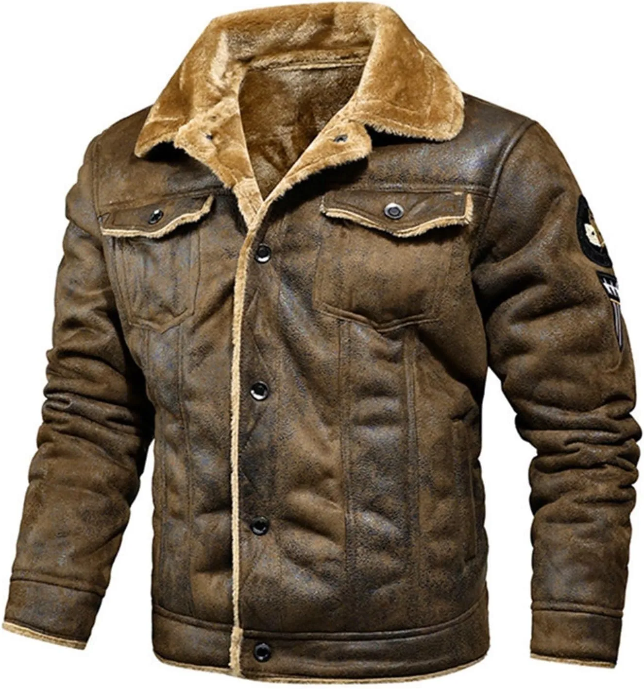 DuDubaby Men's Autumn Winter Vintage Turn-Down Collar Solid Imitation Leather Coat Top