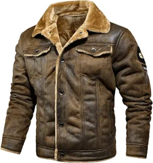 DuDubaby Men's Autumn Winter Vintage Turn-Down Collar Solid Imitation Leather Coat Top