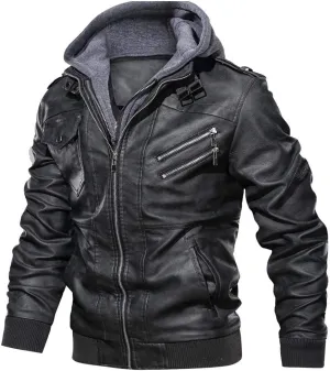 DuDubaby Men's Autumn Winter Vintage Zipper Hoodie Color Imitation Leather Coat