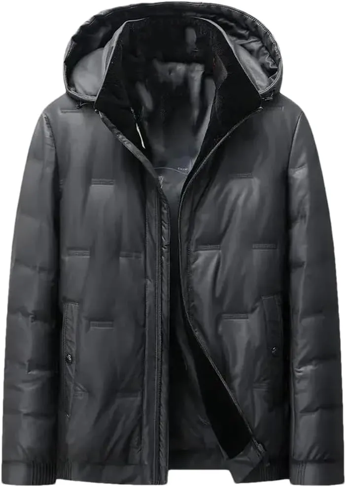 Dvbfufv Men Winter Hooded Down Jackets Tops Men Waterproof Leather Coat