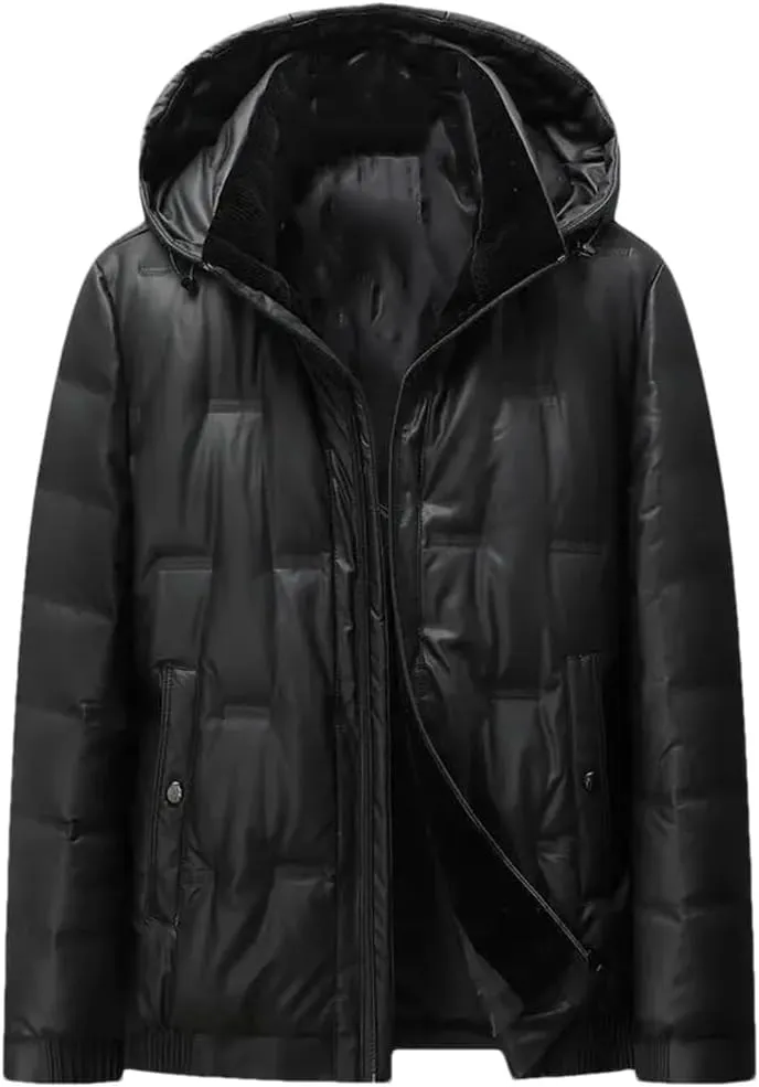 Dvbfufv Men Winter Hooded Down Jackets Tops Men Waterproof Leather Coat