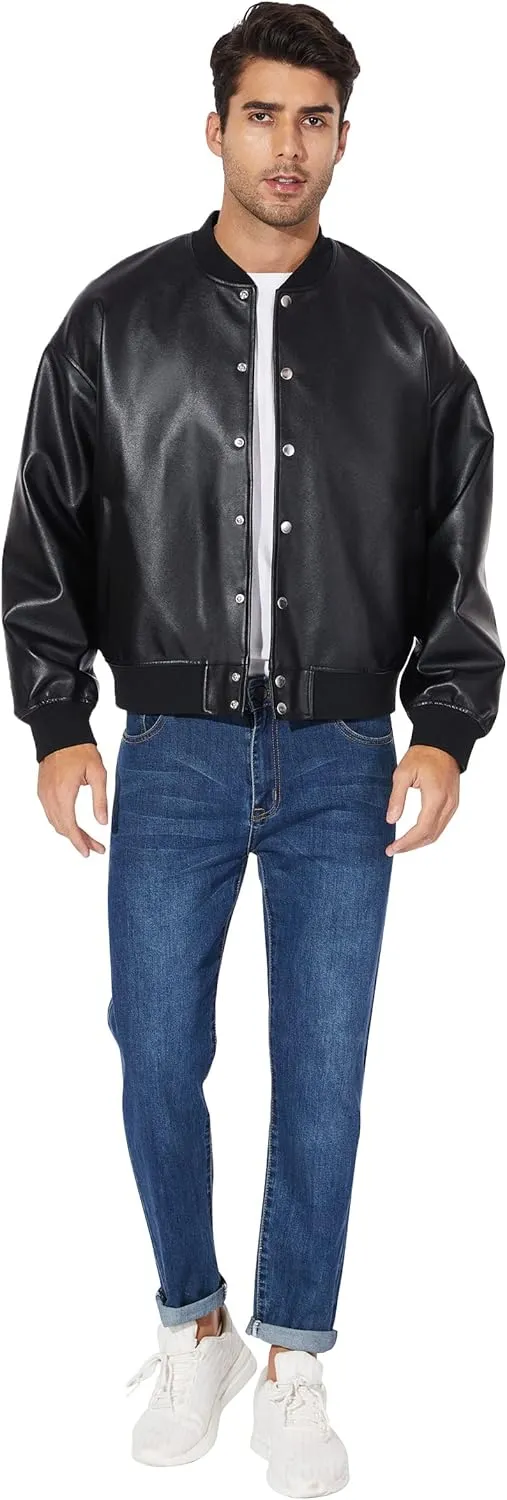 Fahsyee Leather Jackets for Men, Faux Bomber Jacket Mens Motorcycle Lapel Asymmetric Zip-Up Belt Slim Fit Biker Coat
