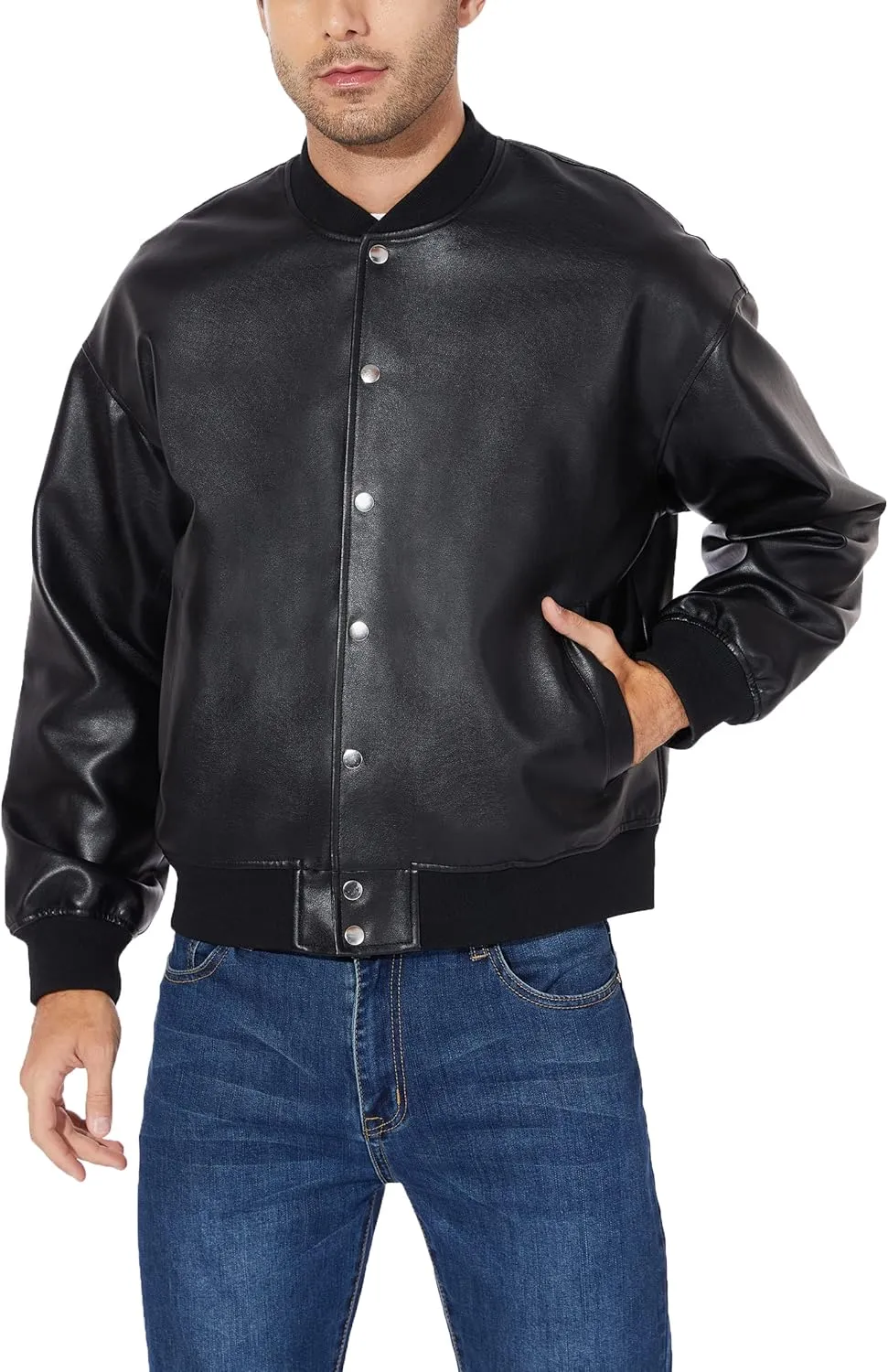 Fahsyee Leather Jackets for Men, Faux Bomber Jacket Mens Motorcycle Lapel Asymmetric Zip-Up Belt Slim Fit Biker Coat