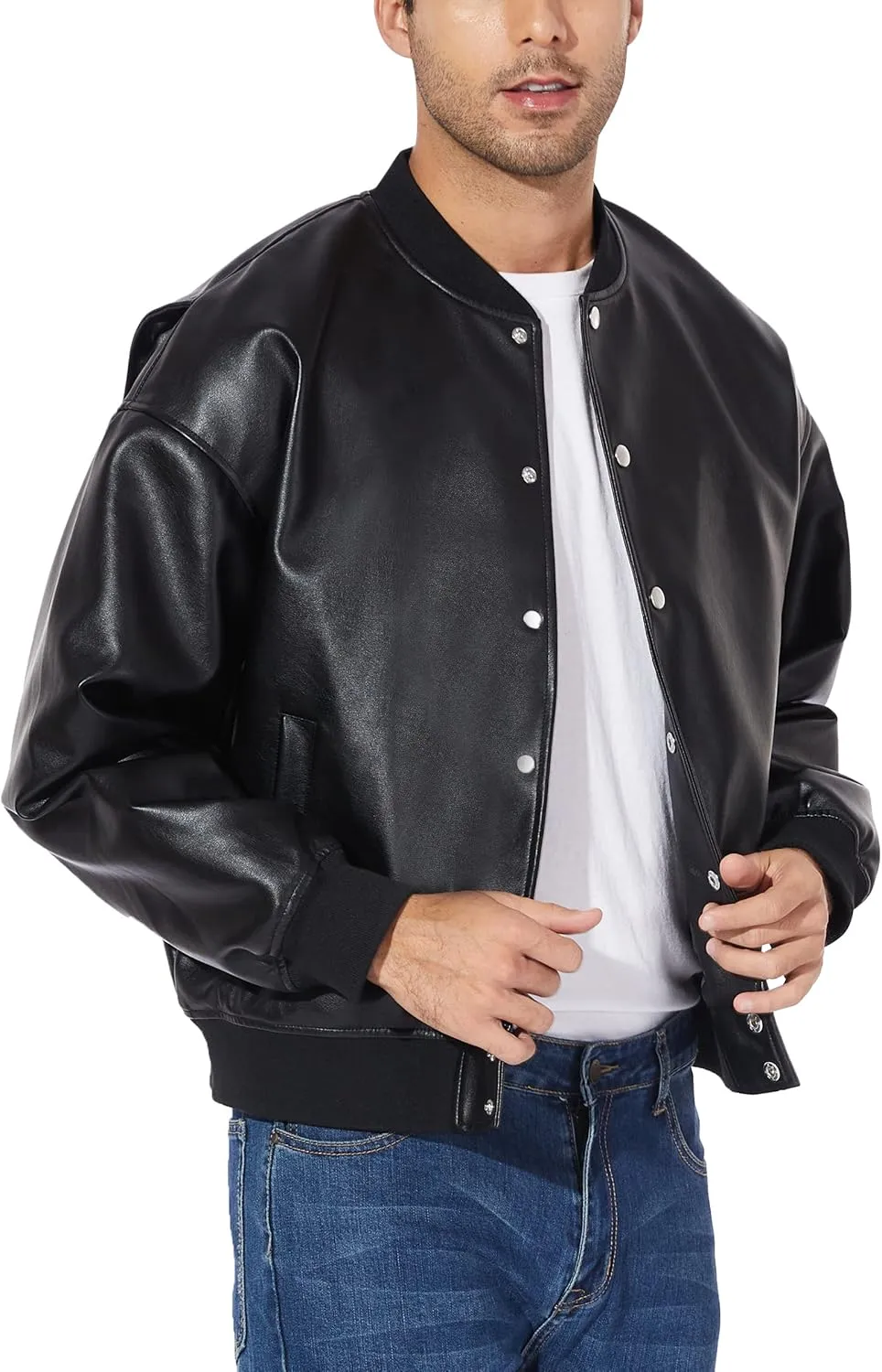 Fahsyee Leather Jackets for Men, Faux Bomber Jacket Mens Motorcycle Lapel Asymmetric Zip-Up Belt Slim Fit Biker Coat