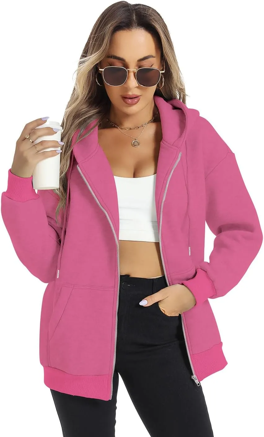 FANCYINN Womens Zip Up Hoodies Long Sleeve Oversized Sweatshirts Casual Drawstring Fall Fleece Jacket with Pockets