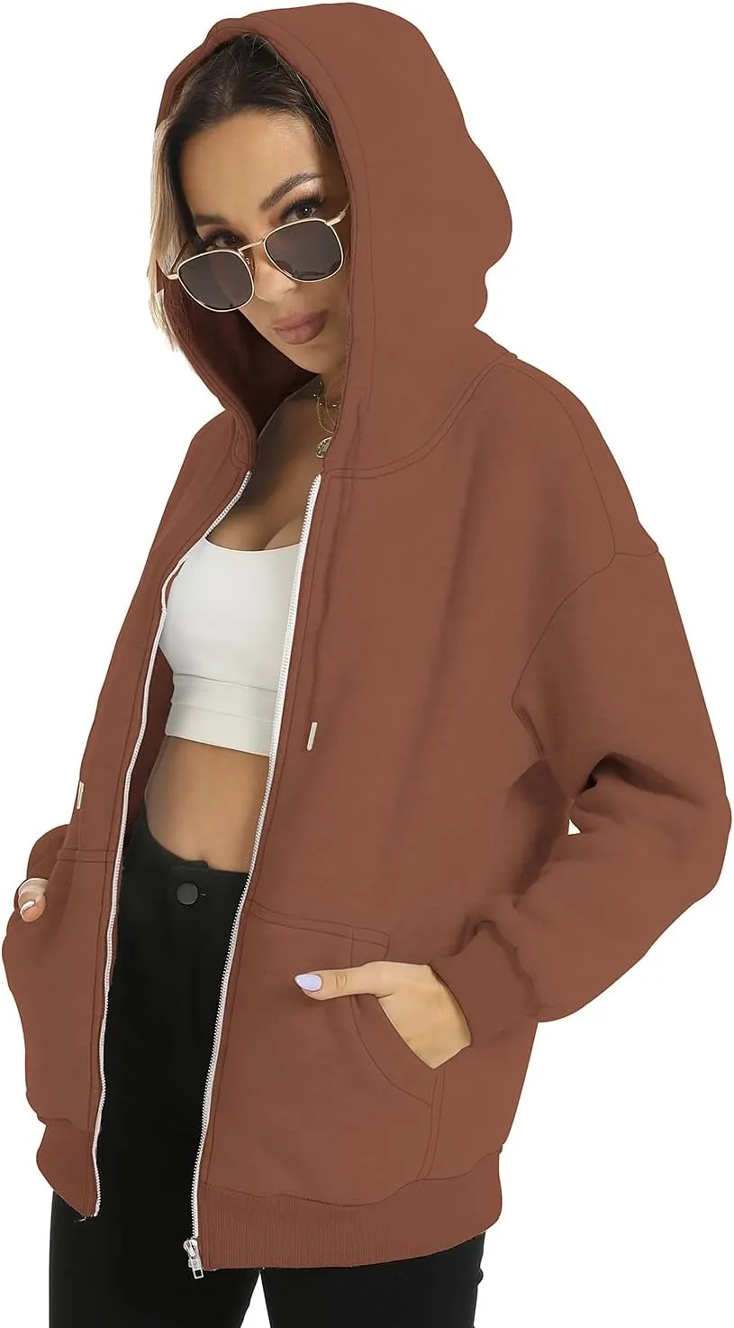 FANCYINN Womens Zip Up Hoodies Long Sleeve Oversized Sweatshirts Casual Drawstring Fall Fleece Jacket with Pockets