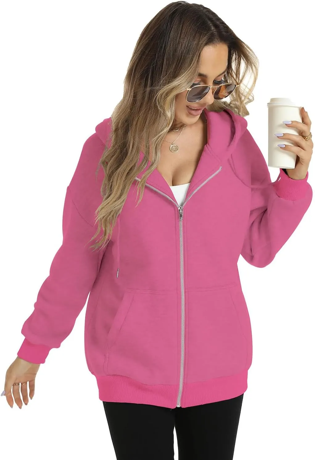 FANCYINN Womens Zip Up Hoodies Long Sleeve Oversized Sweatshirts Casual Drawstring Fall Fleece Jacket with Pockets