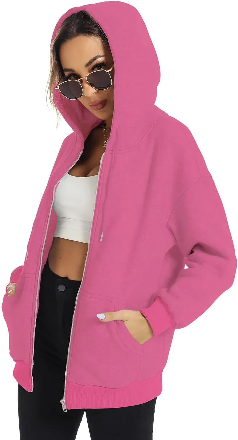 FANCYINN Womens Zip Up Hoodies Long Sleeve Oversized Sweatshirts Casual Drawstring Fall Fleece Jacket with Pockets