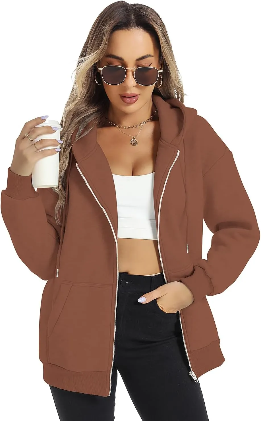 FANCYINN Womens Zip Up Hoodies Long Sleeve Oversized Sweatshirts Casual Drawstring Fall Fleece Jacket with Pockets