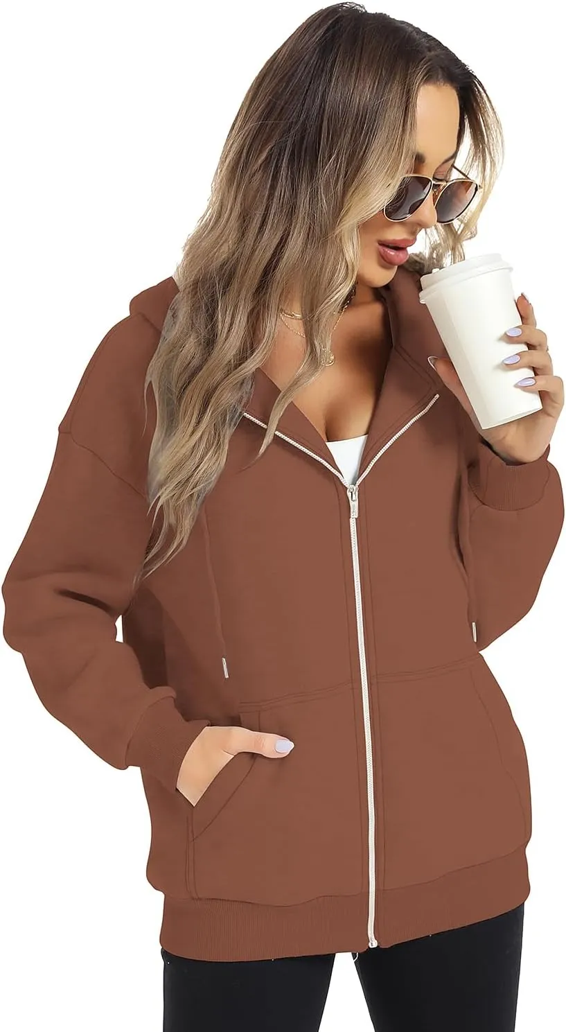 FANCYINN Womens Zip Up Hoodies Long Sleeve Oversized Sweatshirts Casual Drawstring Fall Fleece Jacket with Pockets