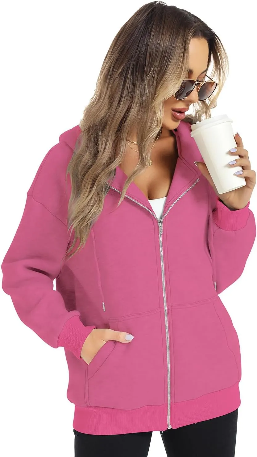 FANCYINN Womens Zip Up Hoodies Long Sleeve Oversized Sweatshirts Casual Drawstring Fall Fleece Jacket with Pockets