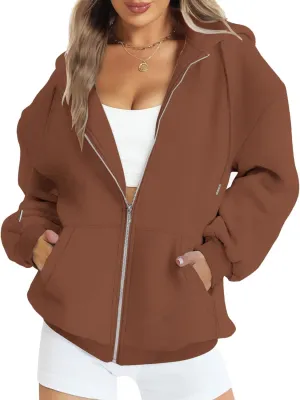 FANCYINN Womens Zip Up Hoodies Long Sleeve Oversized Sweatshirts Casual Drawstring Fall Fleece Jacket with Pockets
