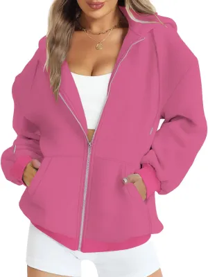 FANCYINN Womens Zip Up Hoodies Long Sleeve Oversized Sweatshirts Casual Drawstring Fall Fleece Jacket with Pockets