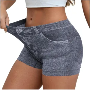 Faux Jeans Shorts for Women Summer Mid Rise Stretchy Denim Shorts Butt Lifting Slimming Ripped Shorts for Curvy Women