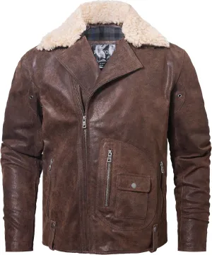 FLAVOR Men Leather Motorcycle Jacket Lapel Biker Jacket with Removable Collar