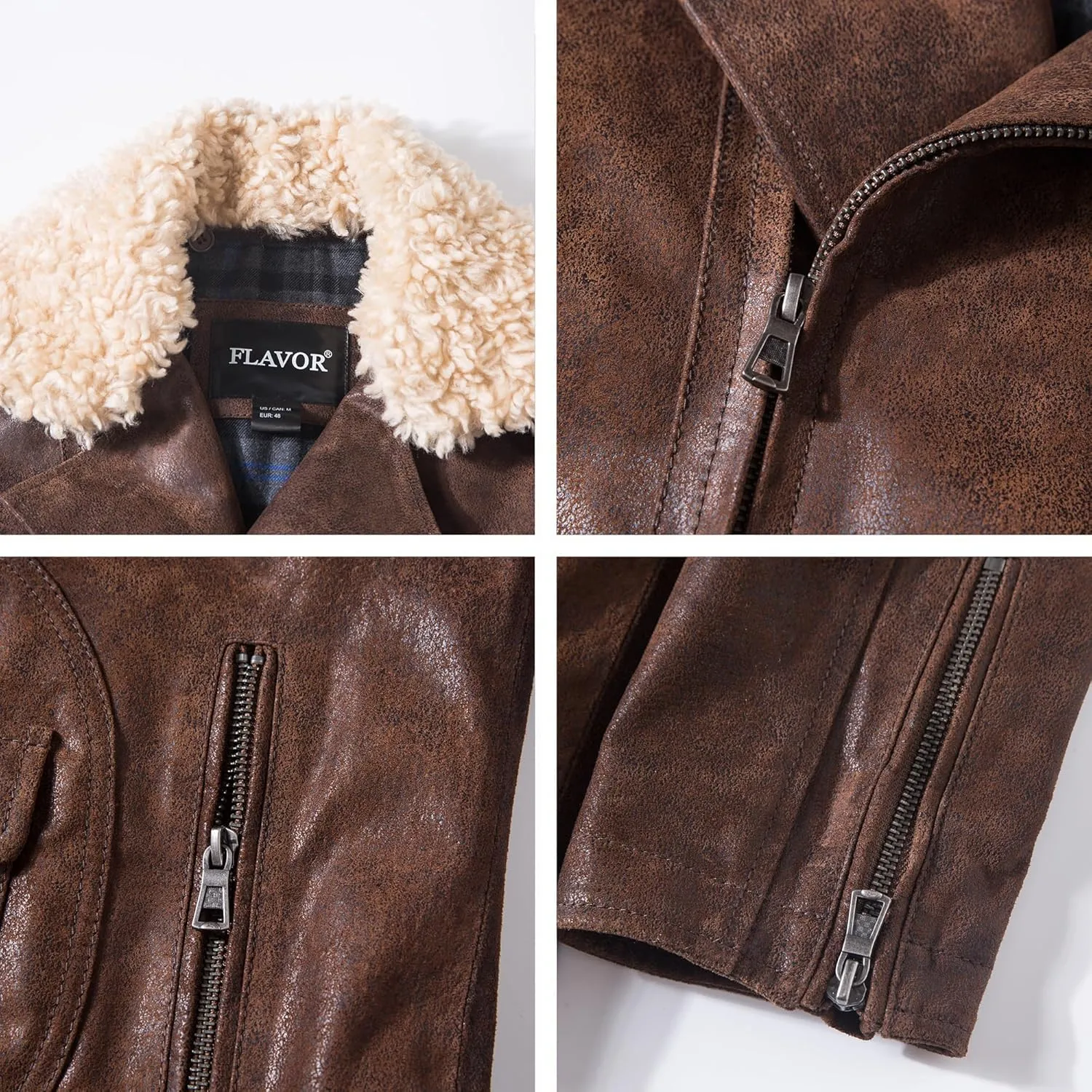 FLAVOR Men Leather Motorcycle Jacket Lapel Biker Jacket with Removable Collar