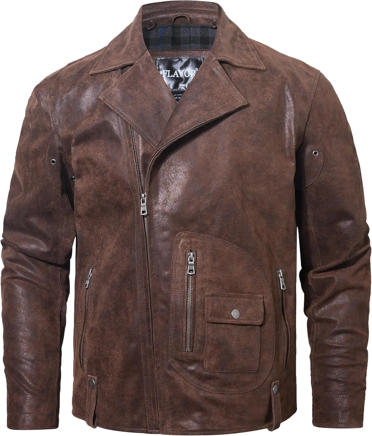 FLAVOR Men Leather Motorcycle Jacket Lapel Biker Jacket with Removable Collar