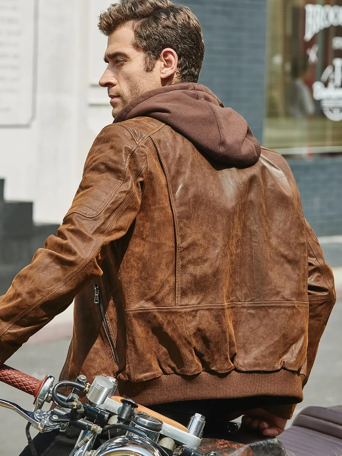 FLAVOR Men's Real Leather Motorcycle Biker Jacket with Removable Hood Brown