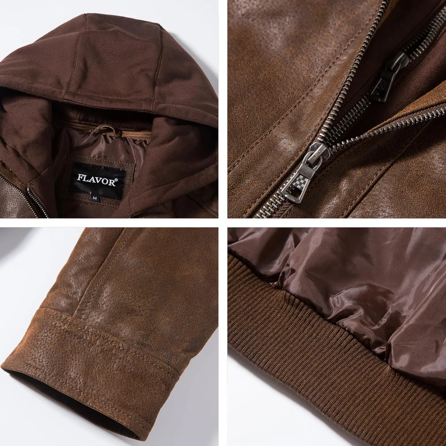 FLAVOR Men's Real Leather Motorcycle Biker Jacket with Removable Hood Brown