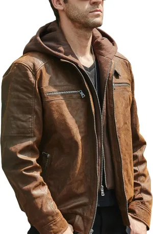 FLAVOR Men's Real Leather Motorcycle Biker Jacket with Removable Hood Brown
