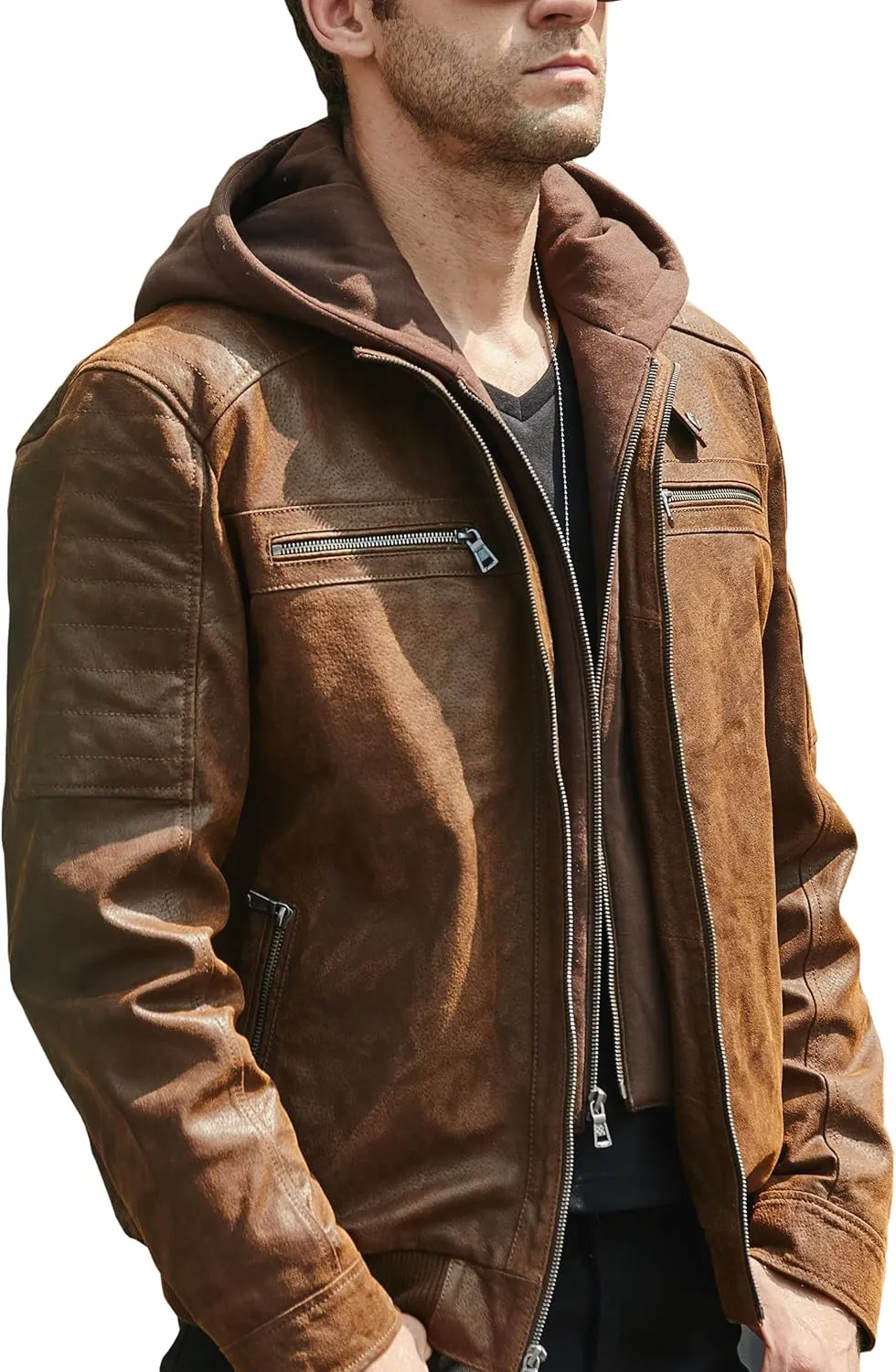FLAVOR Men's Real Leather Motorcycle Biker Jacket with Removable Hood Brown