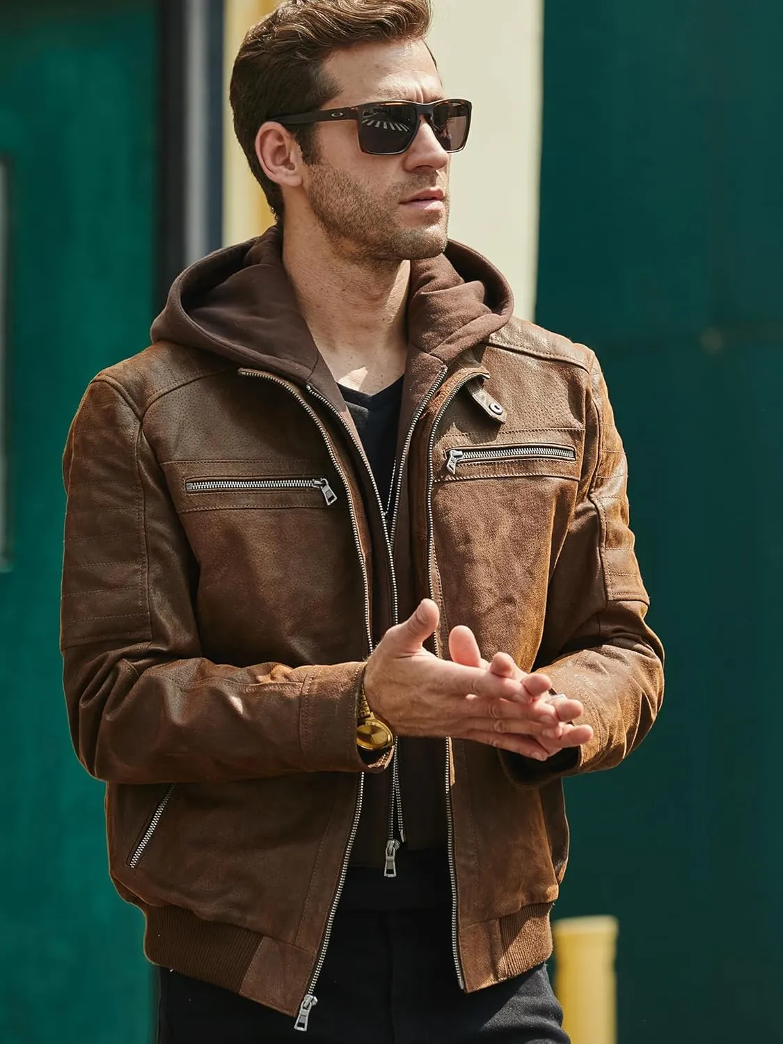 FLAVOR Men's Real Leather Motorcycle Biker Jacket with Removable Hood Brown
