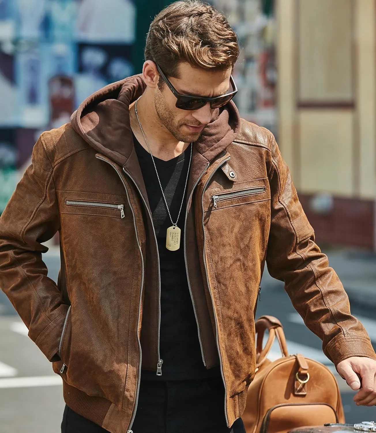 FLAVOR Men's Real Leather Motorcycle Biker Jacket with Removable Hood Brown