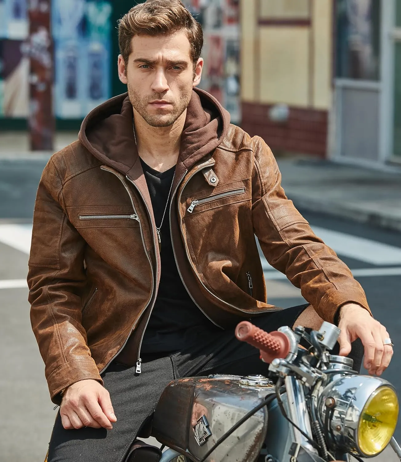 FLAVOR Men's Real Leather Motorcycle Biker Jacket with Removable Hood Brown
