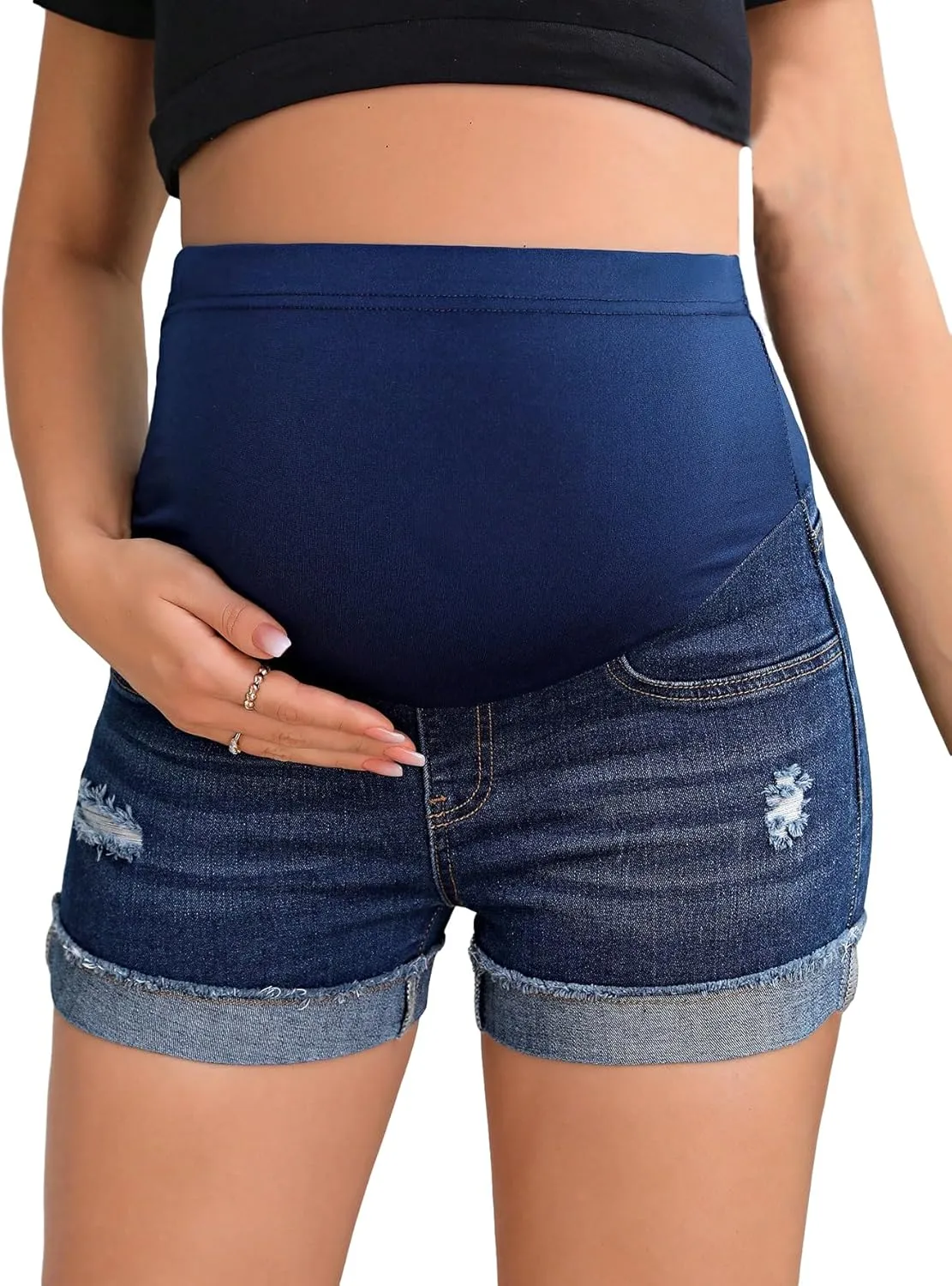 Floerns Women's Maternity Ripped Roll Hem Jeans Pregnant Denim Shorts