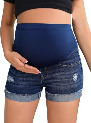 Floerns Women's Maternity Ripped Roll Hem Jeans Pregnant Denim Shorts