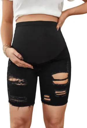 Floerns Women's Maternity Ripped Roll Hem Jeans Pregnant Denim Shorts