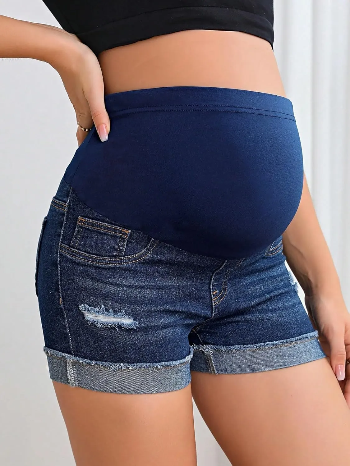 Floerns Women's Maternity Ripped Roll Hem Jeans Pregnant Denim Shorts