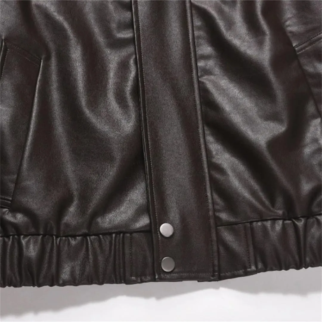 Fnfmrfmr Mens Pu Leather Jacket Solid Color Motorcycle Jackets Zipper Loose Pockets Outerwear Coats