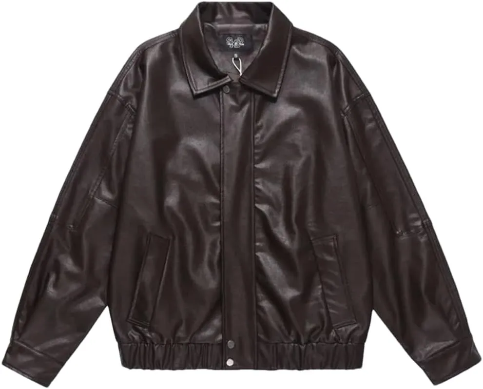 Fnfmrfmr Mens Pu Leather Jacket Solid Color Motorcycle Jackets Zipper Loose Pockets Outerwear Coats