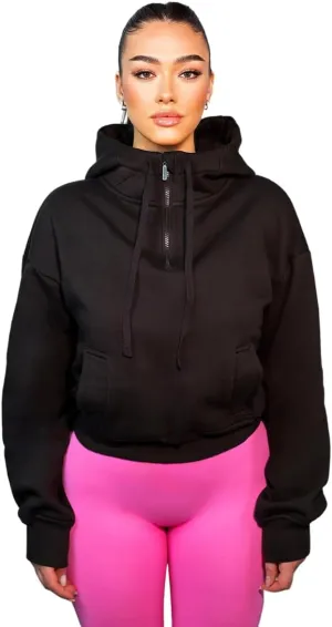 French Terry Cropped Zip Up Hoodies Sweatshirt for Women Half Zip Pullover Sweater Hoodie Workout Jacket