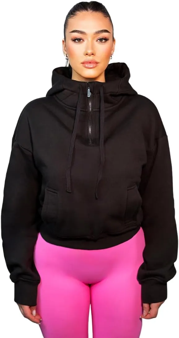 French Terry Cropped Zip Up Hoodies Sweatshirt for Women Half Zip Pullover Sweater Hoodie Workout Jacket