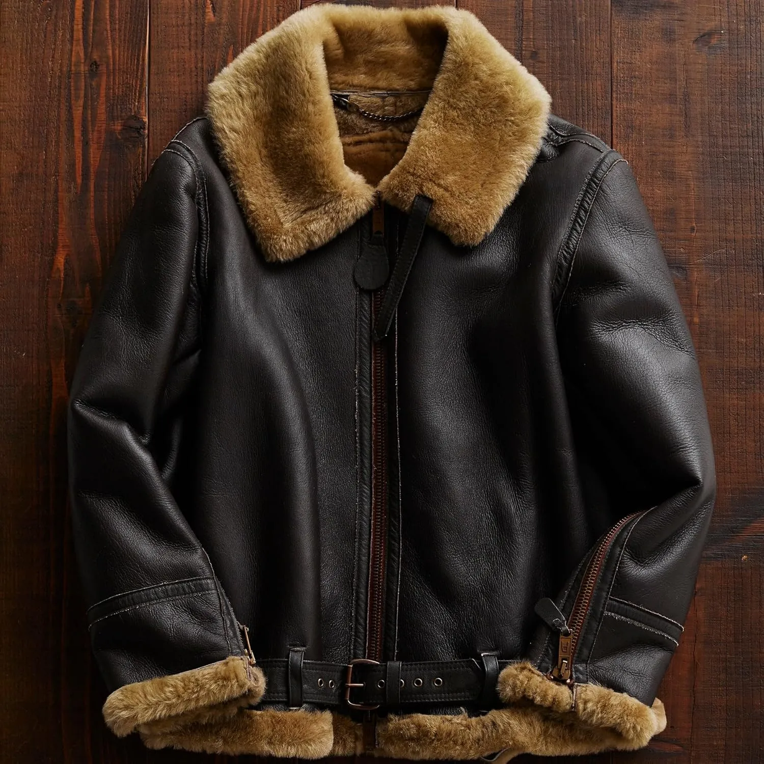 hearling Brown Leather Coat Genuine Sheepskin with Artificial Fur B3