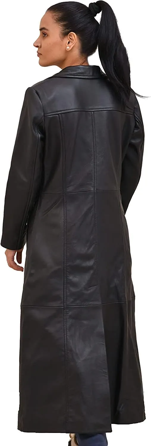 Isaac & David Chicago Long body Leather Coat for Women - Lambskin Black Full body Trench Coat - Leather Car Coat