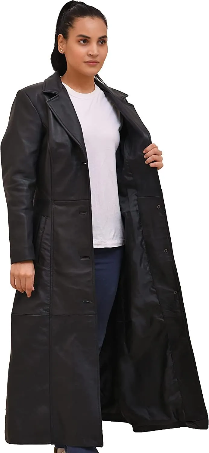 Isaac & David Chicago Long body Leather Coat for Women - Lambskin Black Full body Trench Coat - Leather Car Coat