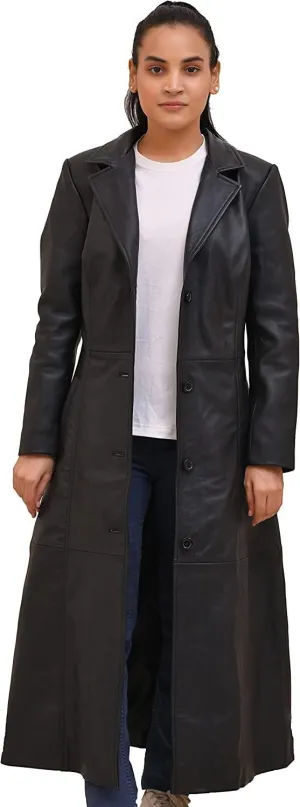 Isaac & David Chicago Long body Leather Coat for Women - Lambskin Black Full body Trench Coat - Leather Car Coat